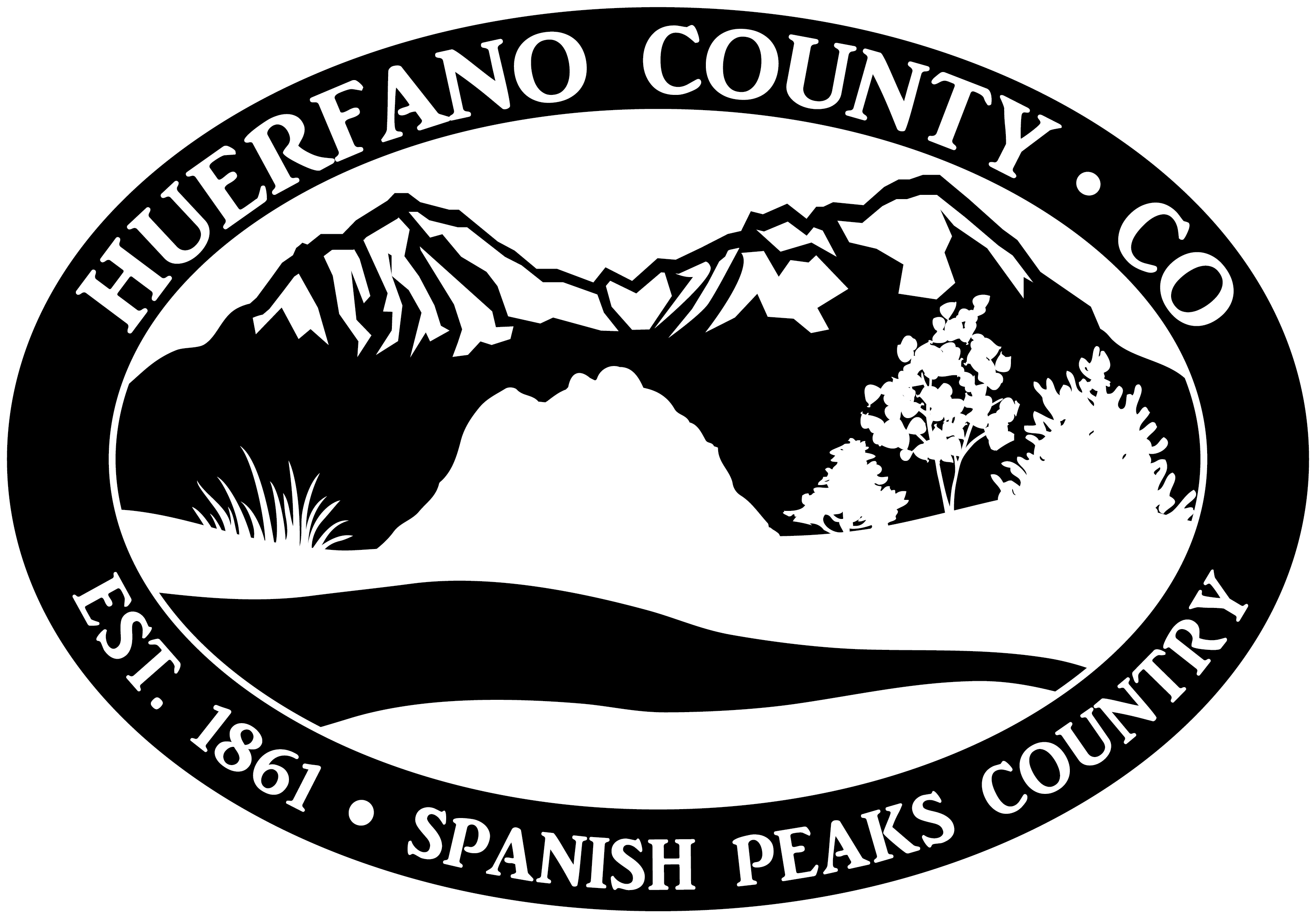 Black and white image of the Huerfano County logo, featuring the Spanish Peaks