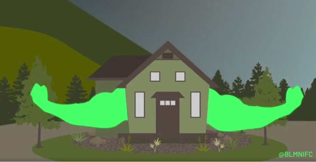 BLM NIFC graphic of a home in the wildfire urban interface defending itself through proper ember defenses and vegetation management.