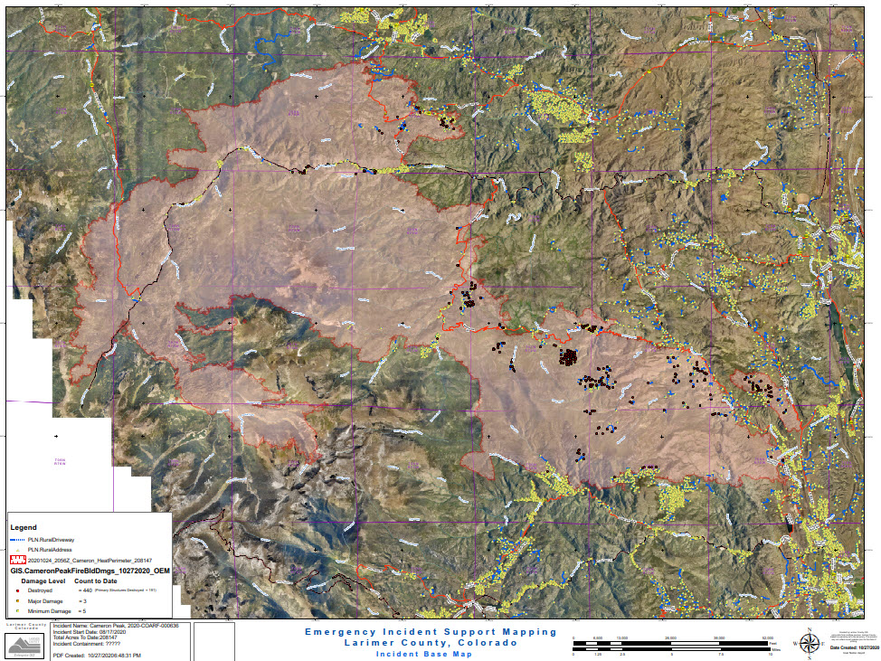 Image of a map showing Cameron Peak Fire Building Damage produced by Larimer County on October 27, 2020.