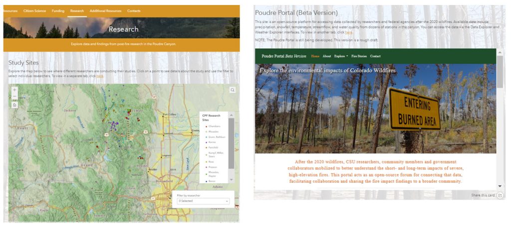 Image of the view of the Poudre Portal of a map showing Cameron Peak Fire research sites and a view of the Poudre Portal to discover data collected by researchers.