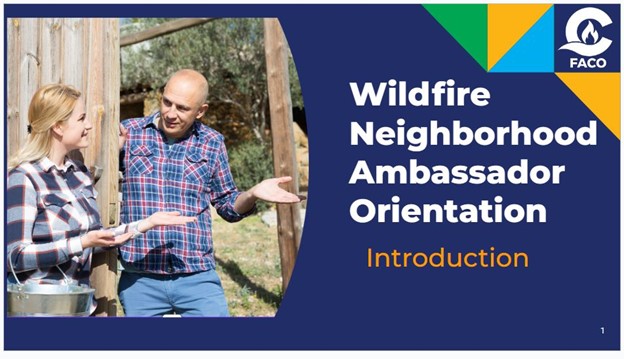 image is of a slideedeck cover for a Wildfire Neighborhood Ambassador Orientation training