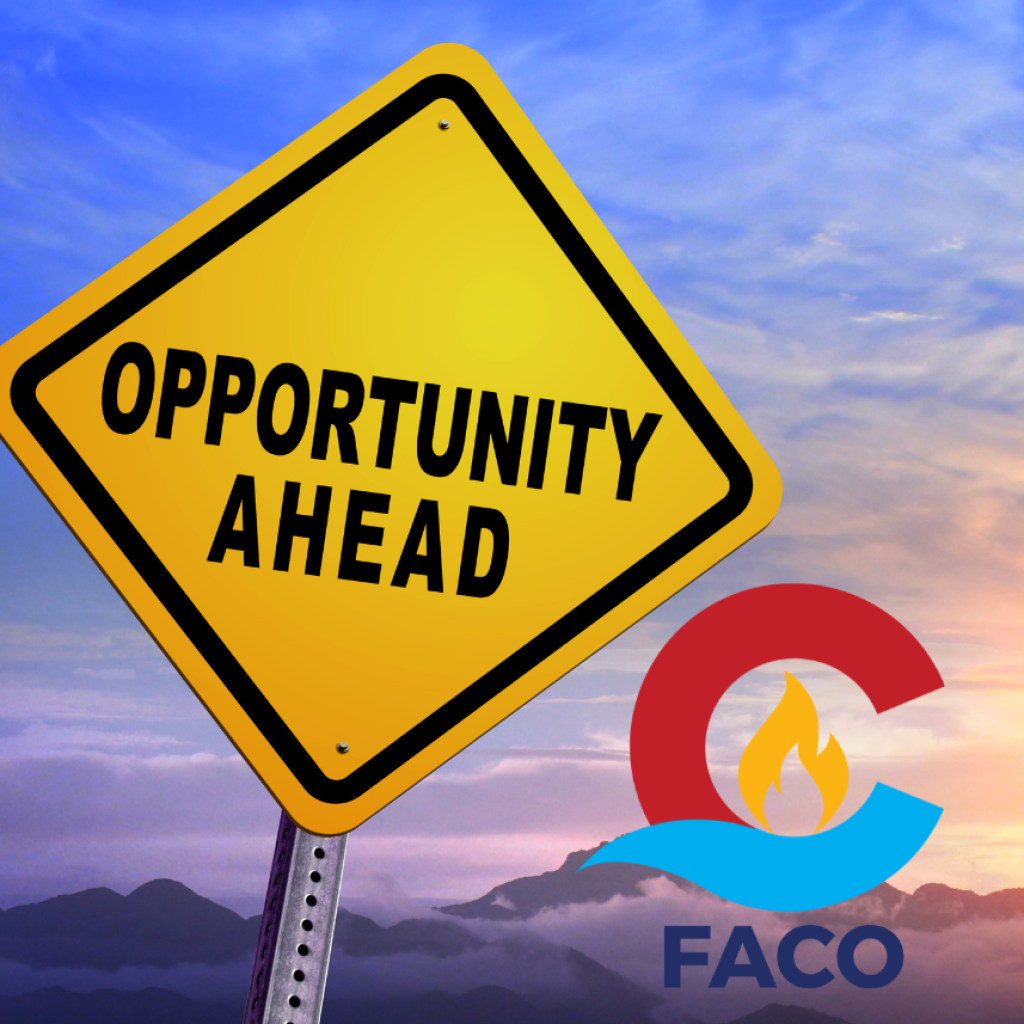 image of an opportunity ahead road sign, mountains and a logo for Fire Adapted Colorado
