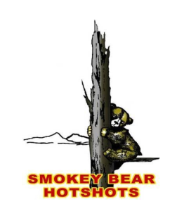 image of Smokey Bear clinging to a burnt tree, and the words Smokey Bear Hotshots