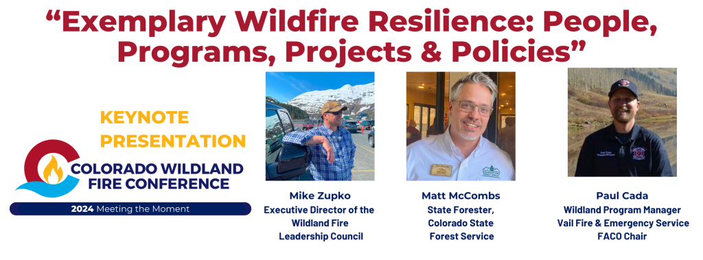 Graphic depicting CWFC keynote Exemplary Wildfire Resilience: People Programs, Projects & Policies