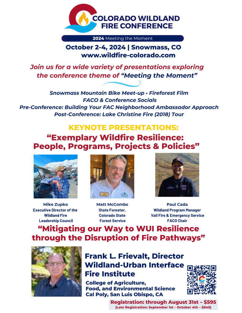 Image of a flyer for the 2024 Colorado Wildland Fire Conference in Snowmass CO, October 2-4, 2024. 