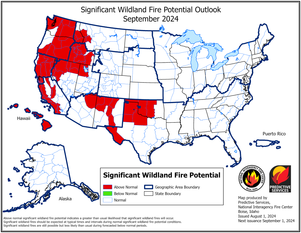 images of a US map with fire potential for September 2024