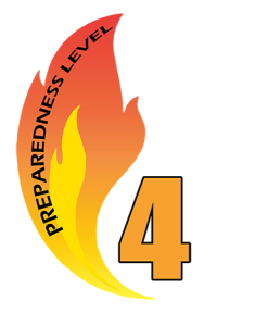 image of a fire flame and the words preparedness level 4