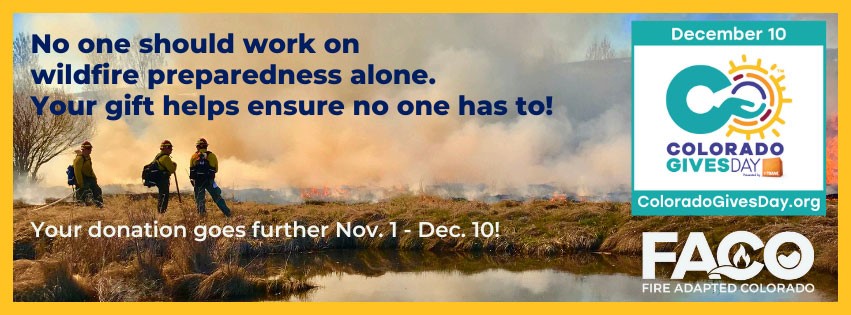 Image of three wildland firefighters monitoring a low-intensity prescribed fire. The words on the image are: "No one should work on wildfire preparedness alone. Your gift helps ensure no one has to! Your donation goes further Nov. 1 - Dec. 10. Two logos on the image are the CO Gives day logo and the FACO logo